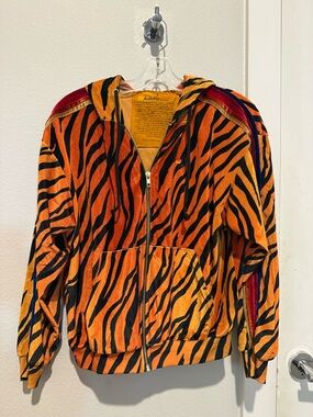 Aviator Nation Orange and Black Tiger Stripe Velour Zip Hoodie